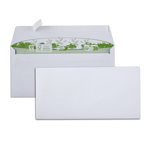 Boite de 500 enveloppes extra blanches 100% recyclées DL 110x220 80 g/m² bande de protection