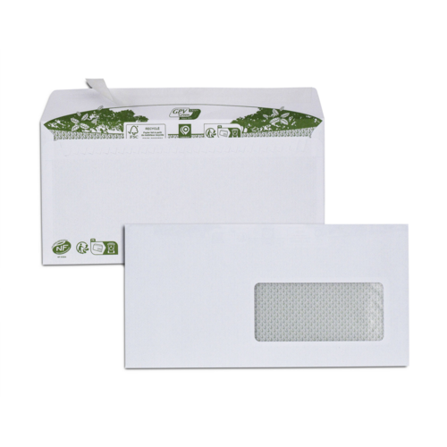 Boite de 500 enveloppes extra blanches papier 100% recyclé DL 110x220 80 g/m² fenêtre cristal 45x100 bande de protection NF FSC-Mixte