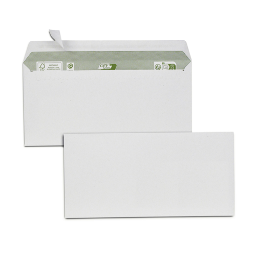 Boite de 500 enveloppes blanches recyclées 100% DL 110x220 80 g/m² bande de protection