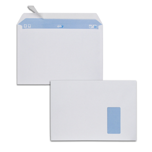 Boîte de 250 enveloppes blanches C4 229x324 100 g/m² fenêtre 100x50 bande de protection
