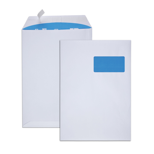Boîte de 250 pochettes blanches C4 229x324 90 g/m² fenêtre 100x50 bande de protection