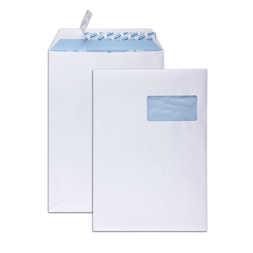 Boîte de 250 pochettes blanches C4 229x324 90 g/m² fenêtre 100x50 bande de protection