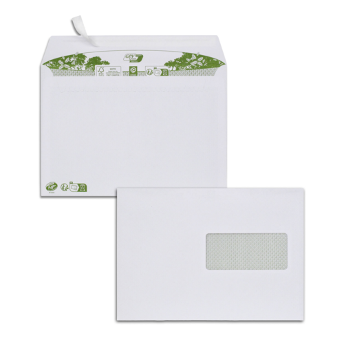 Boite de 500 enveloppes extra blanches papier 100% recyclé C5 162x229 80 g/m² fenêtre cristal 45x100 bande de protection NF FSC-Mixte