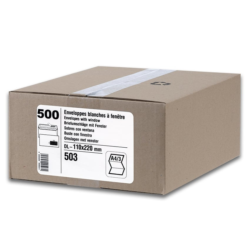 Boîte de 70 enveloppes blanches DL 110x220 80g/m² bande siliconée fenêtre  45x100