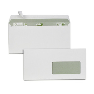 Boite de 500 enveloppes blanches recyclées 100% DL 110x220 80 g/m² fenêtre 45x100 bande de protection